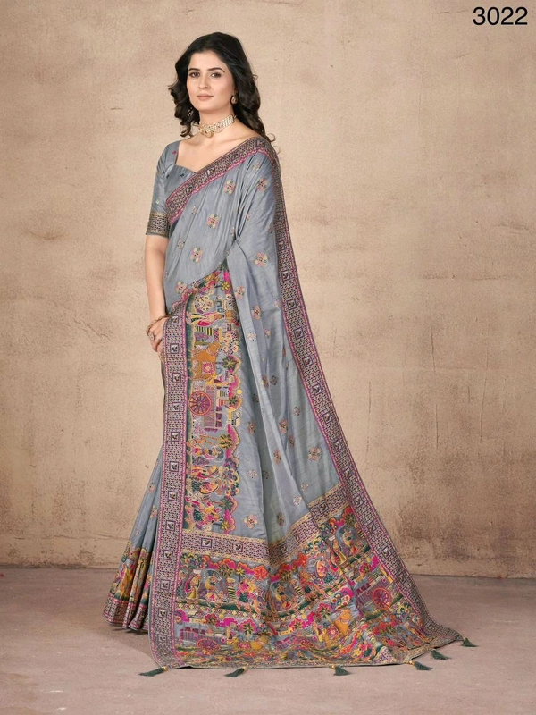 Prayosha Women's Handwork Khatali Pashmina Silk Saree with Unstitched Blouse