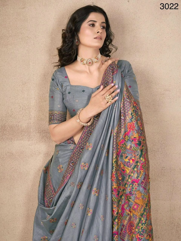 Prayosha Women's Handwork Khatali Pashmina Silk Saree with Unstitched Blouse