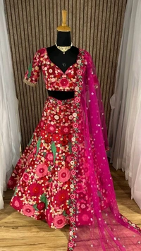 Prayosha Tapeta Velvet Embroidered Lehenga Set with Sequins Work & Net Dupatta
