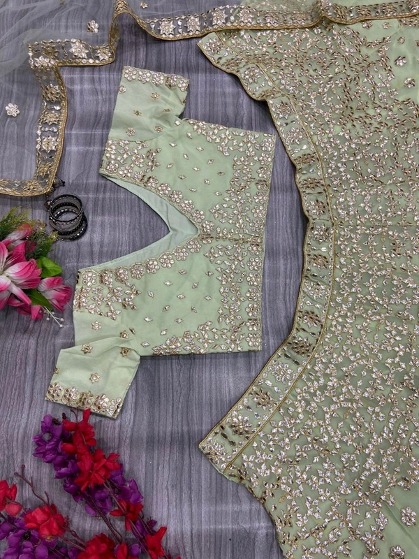 Prayosha Premium Faux Georgette Embellished Lehenga Set with Thread & Foil Work, Net Dupatta