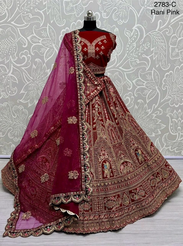Prayosha Velvet Embroidered Fancy Lehenga Set with Blouse & Dupatta - Zari, Sequin, and Diamond Work