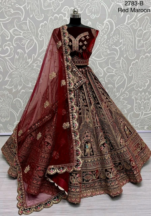 Prayosha Velvet Embroidered Fancy Lehenga Set with Blouse & Dupatta - Zari, Sequin, and Diamond Work - Maroon