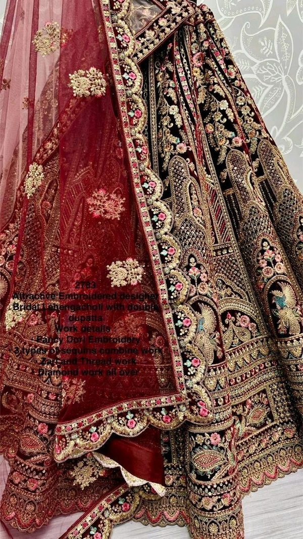 Prayosha Velvet Embroidered Fancy Lehenga Set with Blouse & Dupatta - Zari, Sequin, and Diamond Work - Maroon