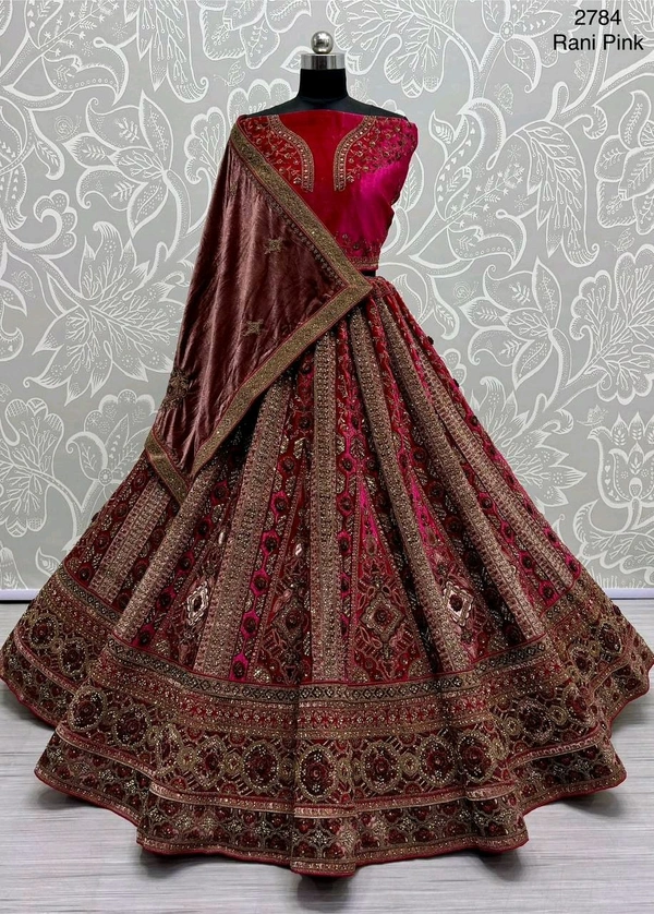 Prayosha Velvet Fancy Embroidered Lehenga Set with Heavy Patch, Zari & Diamond Work - M
