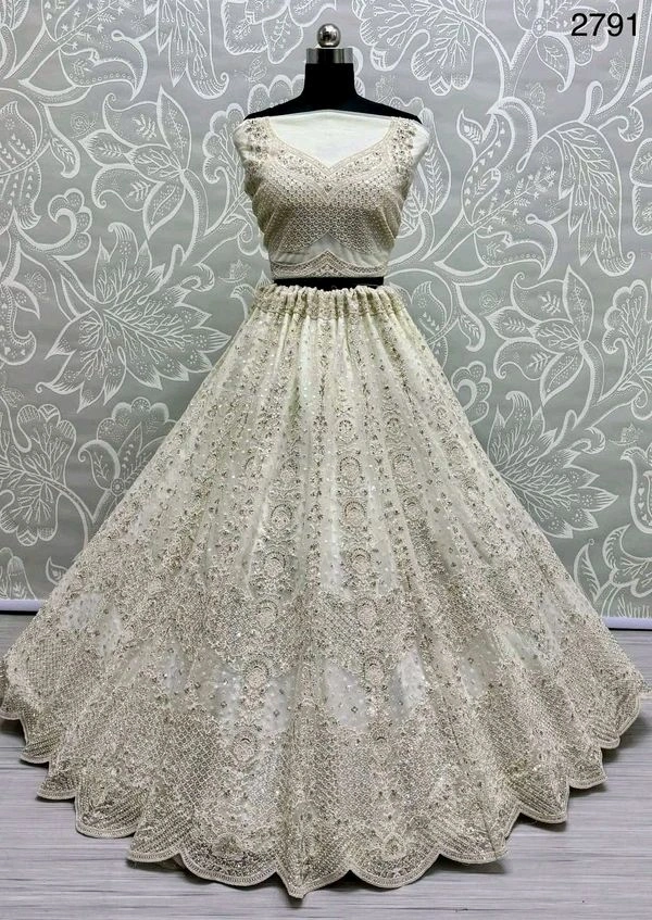 Prayosha Heavy Net Embroidered Lehenga with Blouse and Dupatta - White