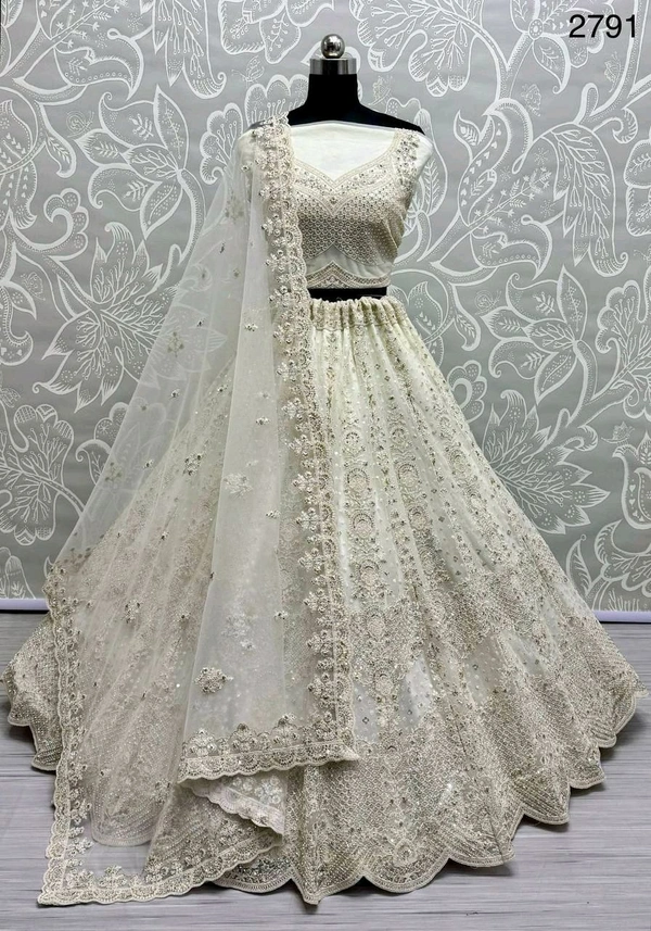 Prayosha Heavy Net Embroidered Lehenga with Blouse and Dupatta - White