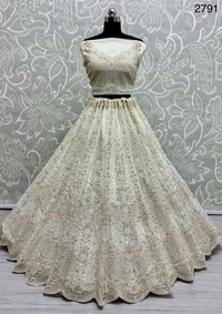 Prayosha Heavy Net Embroidered Lehenga with Blouse and Dupatta - White