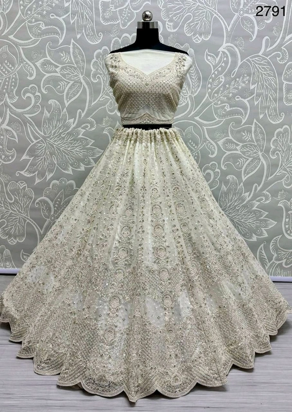 Prayosha Heavy Net Embroidered Lehenga with Blouse and Dupatta - White