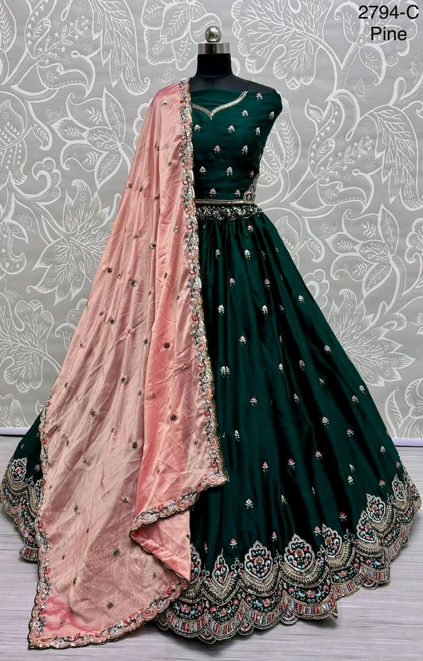 Prayosha Elegant Gadhwal Silk Lehenga Choli with Chinnon Dupatta - Green, XL