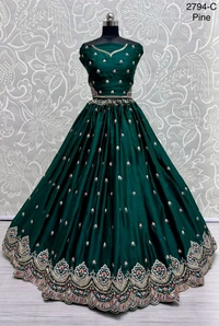 Prayosha Elegant Gadhwal Silk Lehenga Choli with Chinnon Dupatta - Green, XL