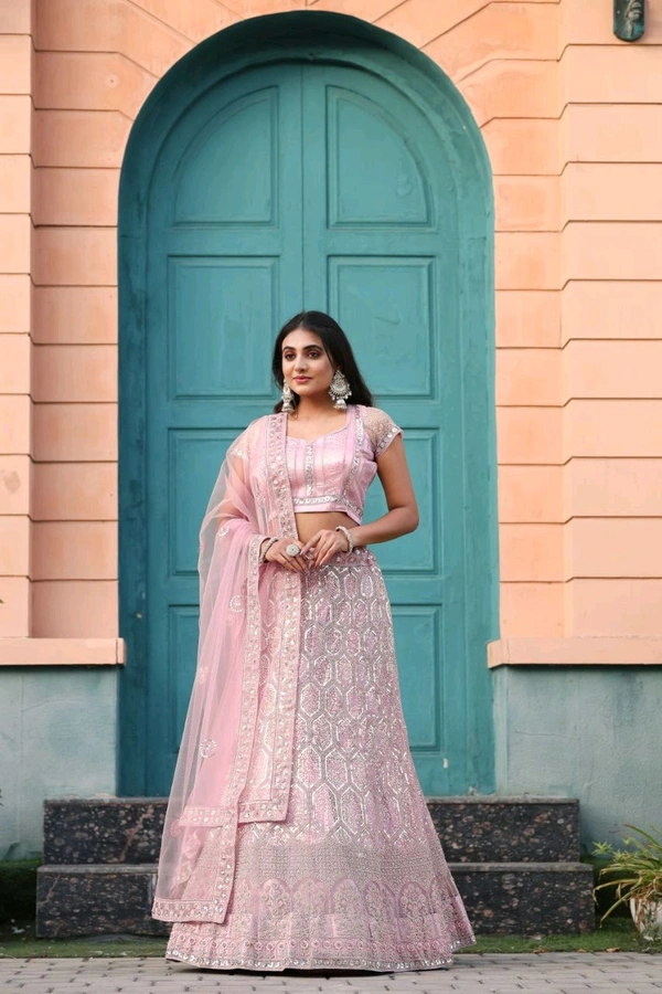 Prayosha Women's Premium Embroidered Net Lehenga Set with Heavy Cancan - M