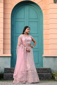 Prayosha Women's Premium Embroidered Net Lehenga Set with Heavy Cancan - M