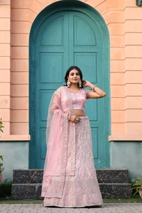 Prayosha Women's Premium Embroidered Net Lehenga Set with Heavy Cancan - M