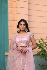 Prayosha Women's Premium Embroidered Net Lehenga Set with Heavy Cancan - M