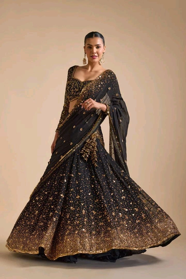 Prayosha Black Embellished Georgette Lehenga Set with Heavy Sequins and Dupatta - M