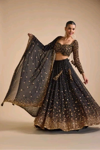 Prayosha Black Embellished Georgette Lehenga Set with Heavy Sequins and Dupatta - M