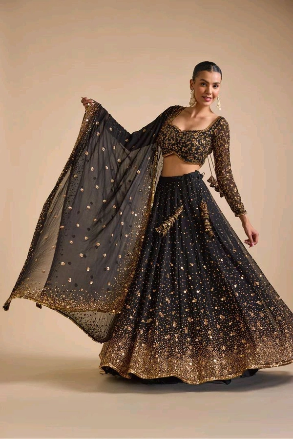 Prayosha Black Embellished Georgette Lehenga Set with Heavy Sequins and Dupatta - M