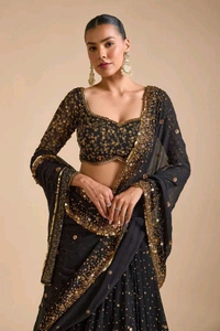 Prayosha Black Embellished Georgette Lehenga Set with Heavy Sequins and Dupatta - M