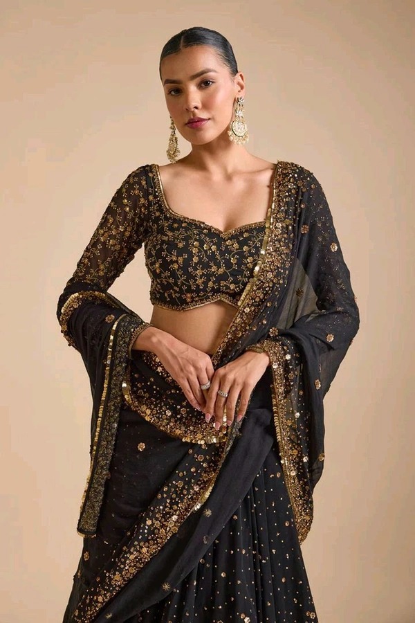 Prayosha Black Embellished Georgette Lehenga Set with Heavy Sequins and Dupatta - M
