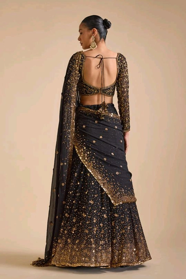 Prayosha Black Embellished Georgette Lehenga Set with Heavy Sequins and Dupatta - M