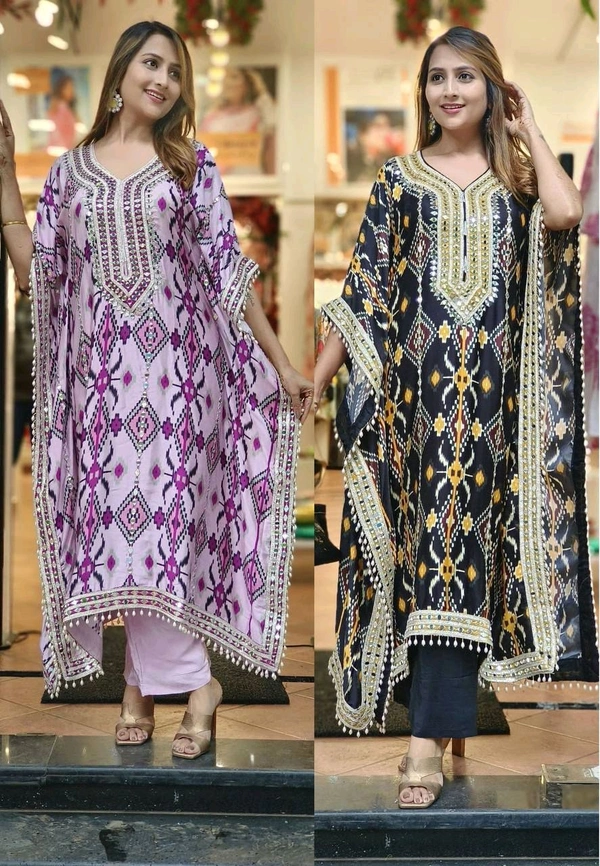 Prayosha Elegant Chinnon Silk Kaftan with Embroidered Palazzo Set  - Free Size, Wisteria