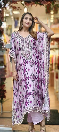 Prayosha Elegant Chinnon Silk Kaftan with Embroidered Palazzo Set  - Free Size, Wisteria