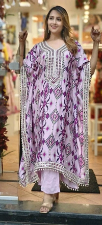 Prayosha Elegant Chinnon Silk Kaftan with Embroidered Palazzo Set  - Free Size, Wisteria