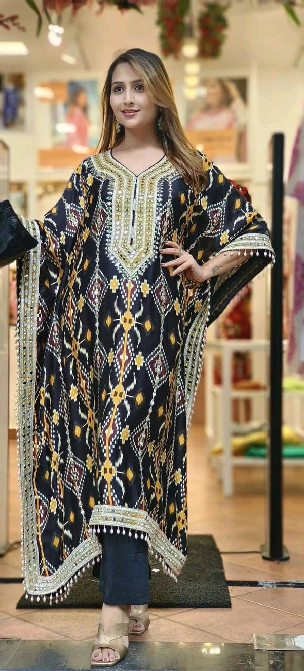 Prayosha Elegant Chinnon Silk Kaftan with Embroidered Palazzo Set  - Free Size, Black
