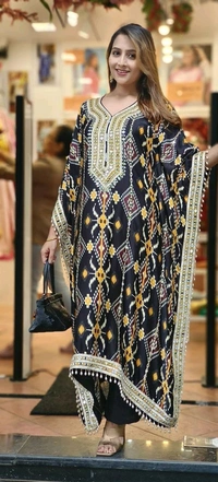 Prayosha Elegant Chinnon Silk Kaftan with Embroidered Palazzo Set  - Free Size, Black