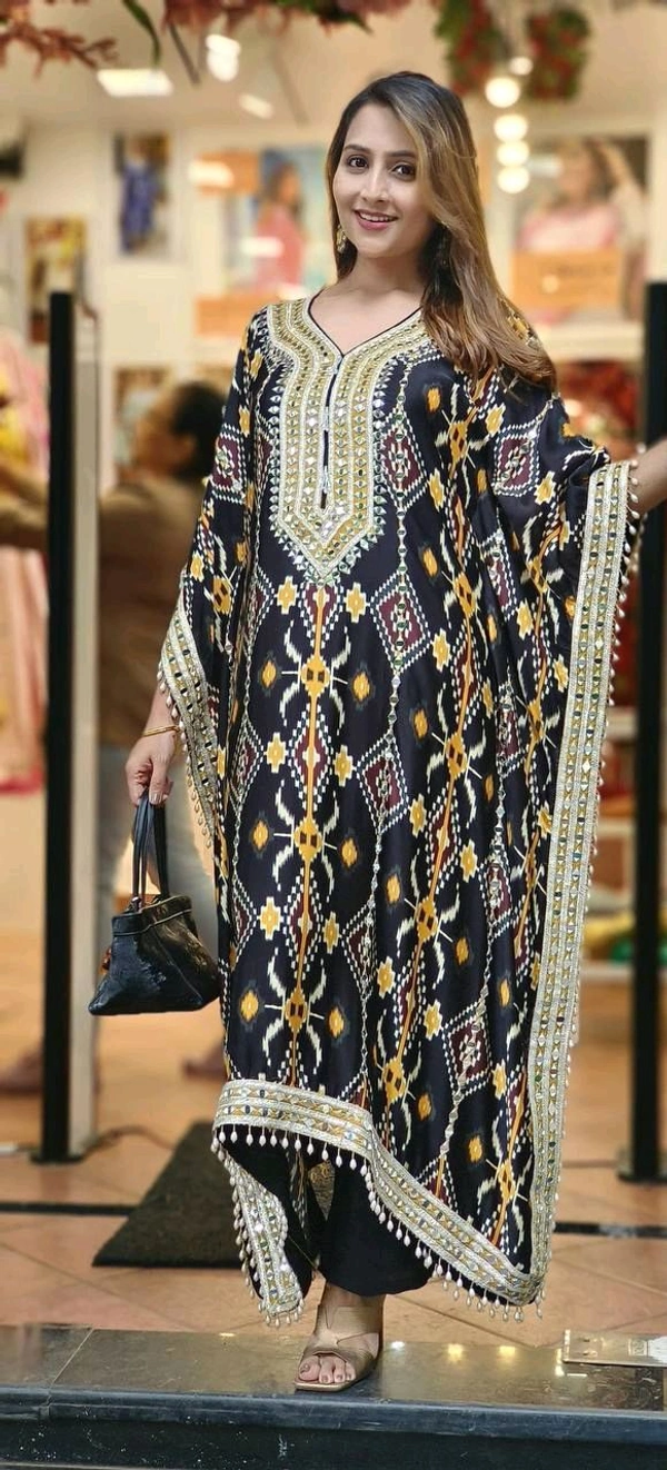 Prayosha Elegant Chinnon Silk Kaftan with Embroidered Palazzo Set  - Free Size, Black