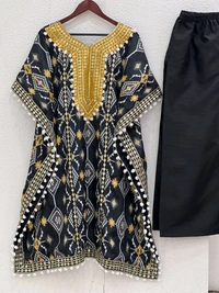 Prayosha Elegant Chinnon Silk Kaftan with Embroidered Palazzo Set  - Free Size, Black