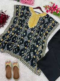Prayosha Elegant Chinnon Silk Kaftan with Embroidered Palazzo Set  - Free Size, Black