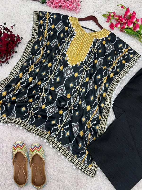 Prayosha Elegant Chinnon Silk Kaftan with Embroidered Palazzo Set  - Free Size, Black