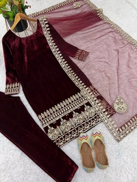 Prayosha Luxurious Embroidered Velvet Suit Set with Dupatta - XXL