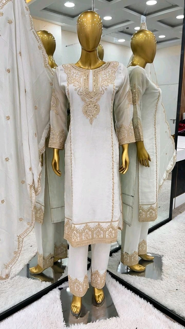 Prayosha Elegant Heavy Chinnon Silk Embroidered Suit Set with Dupatta - L