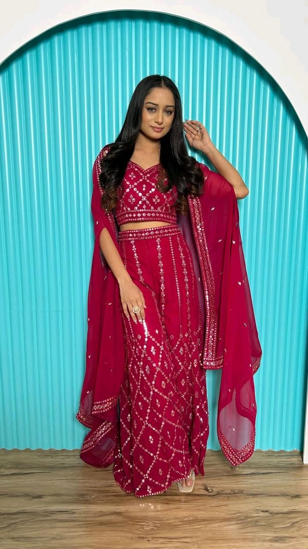 Prayosha Women's Magenta Georgette Foil Mirror Work Ethnic Co-Ord Set - M
