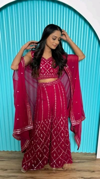 Prayosha Women's Magenta Georgette Foil Mirror Work Ethnic Co-Ord Set - M