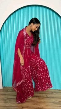 Prayosha Women's Magenta Georgette Foil Mirror Work Ethnic Co-Ord Set - M