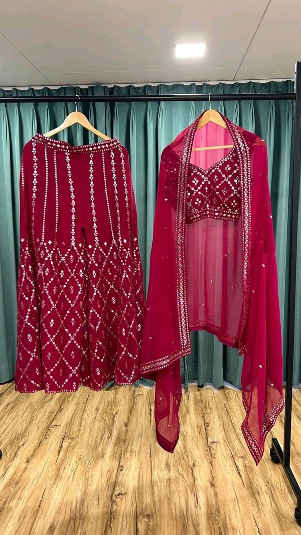 Prayosha Women's Magenta Georgette Foil Mirror Work Ethnic Co-Ord Set - M