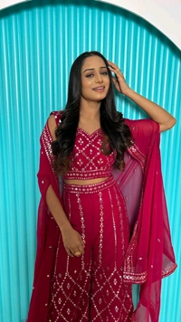 Prayosha Women's Magenta Georgette Foil Mirror Work Ethnic Co-Ord Set - XL