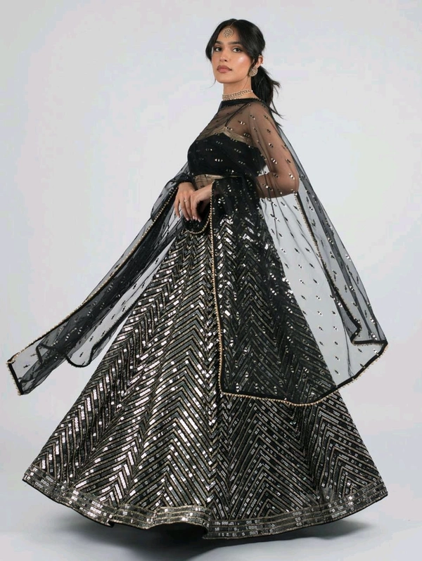 Prayosha Women's Georgette Sequins Zari Work Lehenga with Net Pearl Border Dupatta