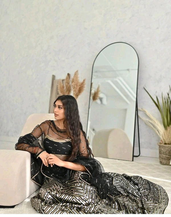 Prayosha Women's Georgette Sequins Zari Work Lehenga with Net Pearl Border Dupatta
