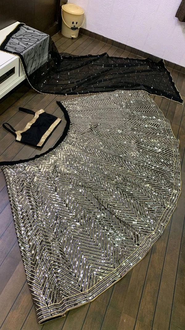 Prayosha Women's Georgette Sequins Zari Work Lehenga with Net Pearl Border Dupatta
