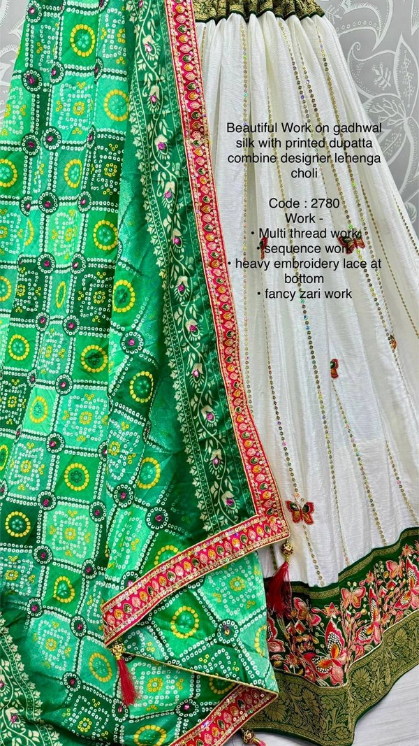 Prayosha Designer White Gadhwal Silk Lehenga Choli with Printed Dupatta