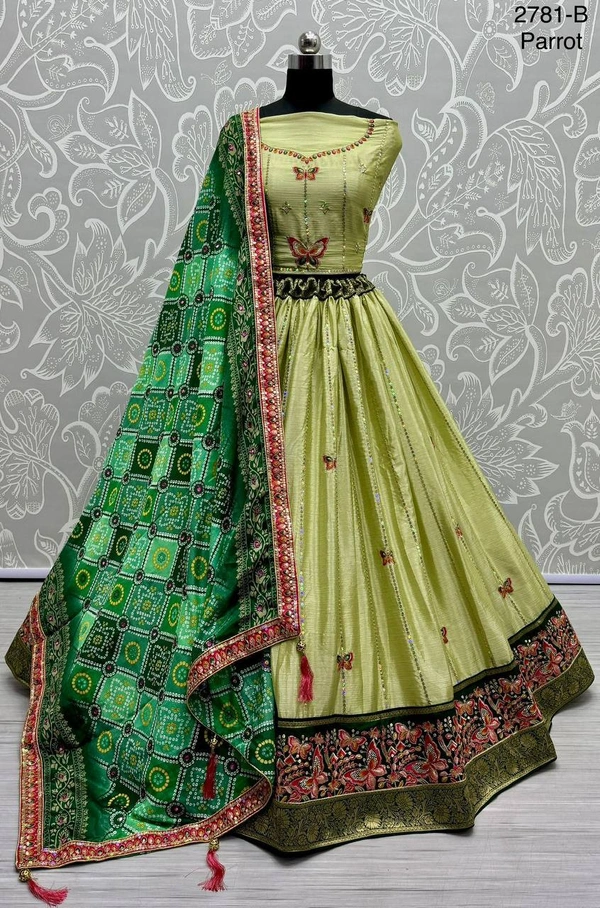 Prayosha Designer Rama Green Gadhwal Silk Lehenga Choli with Printed Dupatta