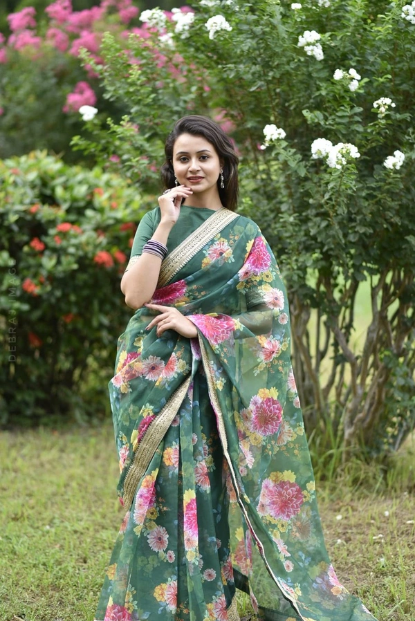 Kaali Fancy Soft Heavy Organza Saree With Beautiful Colour  - Green Leaf, Free