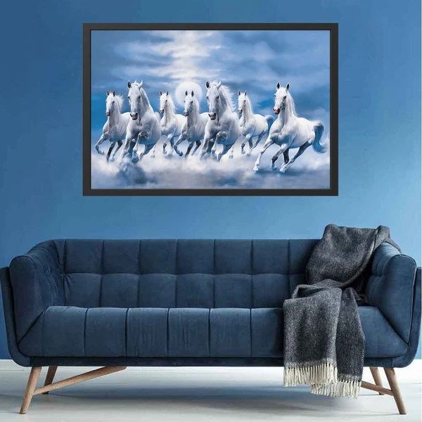 Seven Lucky Running Vastu Horses Art Framed Painting Ocean Blue theme  (18 x 12 inch) - 18 x 12 inch