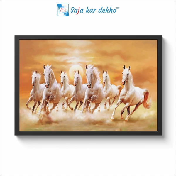 Seven Lucky Running Vastu Horses Art Framed Painting Orange theme  (18 x 12 inch) - 18 x 12 inch
