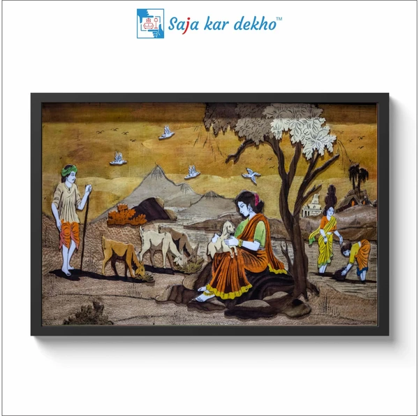 SAJA KAR DEKHO Village Scenery Canvas Painting Photo High Quality Weather Resistant HD Wall Frame  | 18 x 12 inch |  - 18 x 12 inch