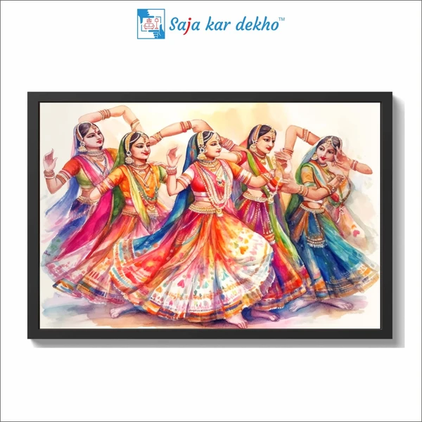 SAJA KAR DEKHO Indian Girls Dancing In Lehenga Choli Woman Lady Painting High Quality Weather Resistant HD Wall Frame  | 18 x 12 inch | - 18 X 12 inch